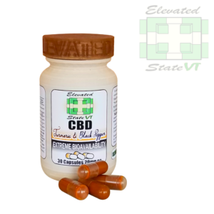 Elevated state Vermont turmeric and black pepper CBD capsules 20 milligrams each 600 milligrams CBD total per bottle