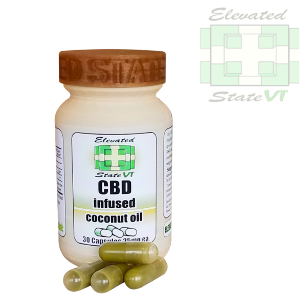 Elevated state Vermont CBD capsules in coconut oil 25 milligrams each with 750 milligrams total CBD per bottle