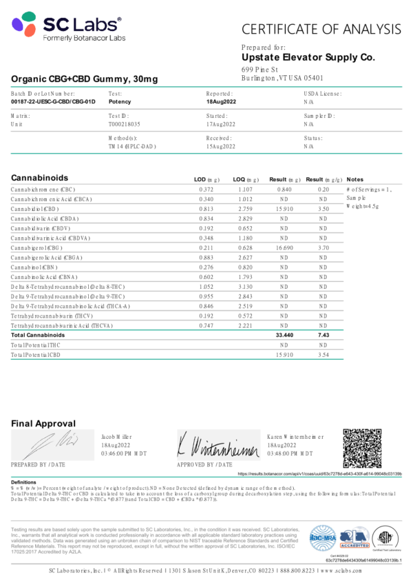 Upstate Elevator’s organic full spectrum CBG+CBD lab